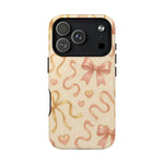 Festive Bow Charm iPhone Case — Pink & Gold Ribbon Hearts with MagSafe - Shamo's