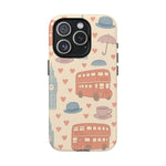 London Icons Hand-Drawn iPhone Case — Cute Double-Decker Bus & Big Ben Pattern with MagSafe compatibility  Shamo's iPhone 15 Pro / Matte