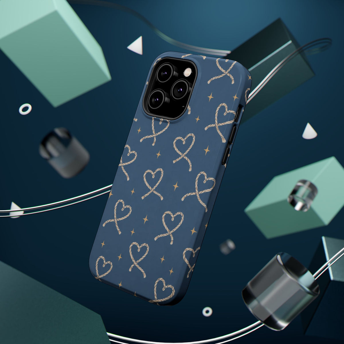 Lasso Hearts – Blue Western Heart MagSafe Phone Case, glossy square triple-camera Pro model, rear view with magnetic accessories