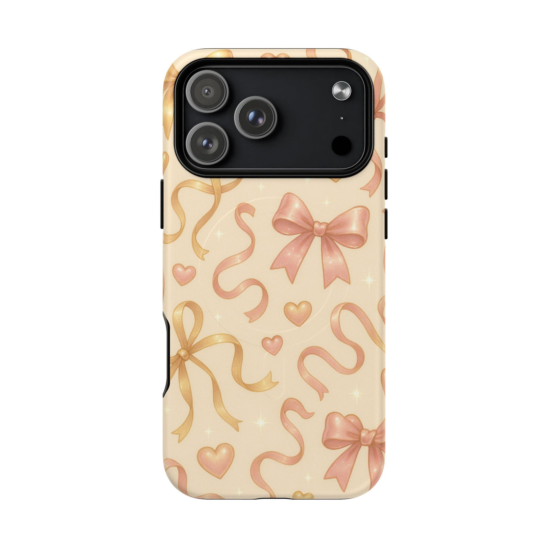 Festive Bow Charm iPhone Case — Pink & Gold Ribbon Hearts with MagSafe - Shamo's