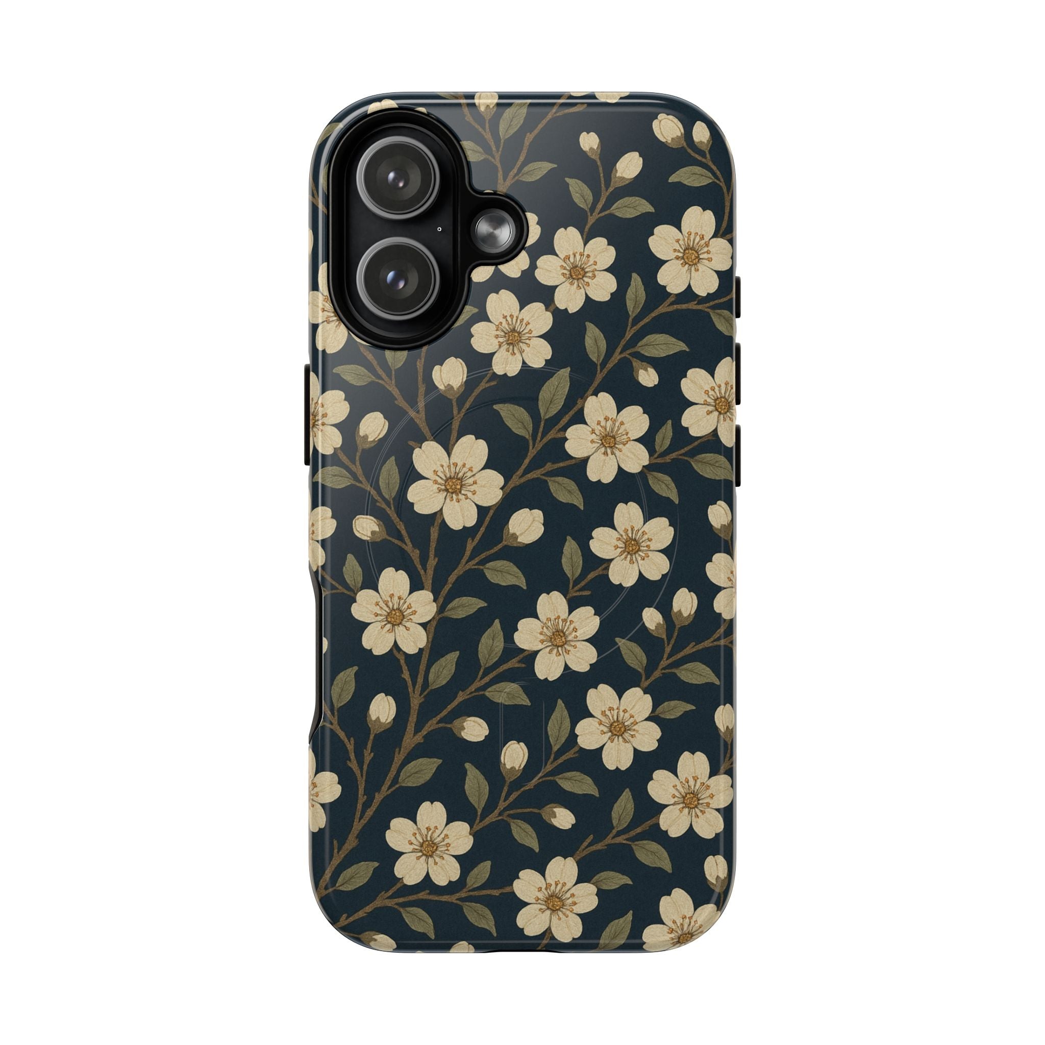 Navy Cherry Blossom Floral iPhone Case - Compatible with MagSafe - Shamo's