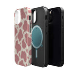 Rose Cowprint – Pink Cow Print MagSafe Phone Case, glossy diagonal dual-camera model, exploded shell and liner with magnetic ring