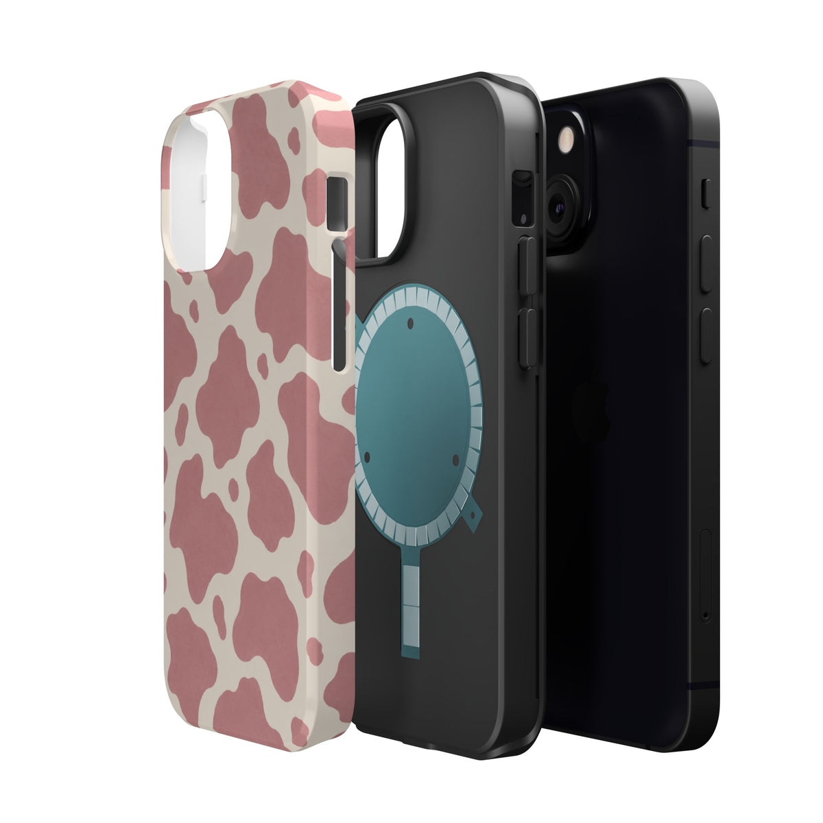 Rose Cowprint – Pink Cow Print MagSafe Phone Case, glossy diagonal dual-camera model, exploded shell and liner with magnetic ring