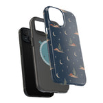 Desert Moon MagSafe Phone Case, glossy diagonal dual-camera model, exploded shell and liner with magnetic ring