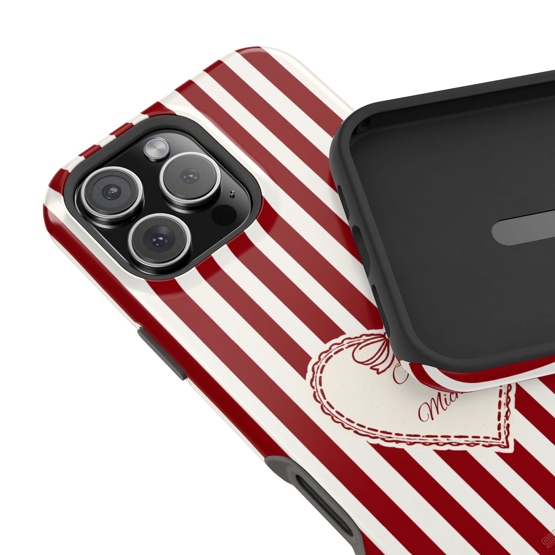 Funda personalizada a rayas — Diseño de corazón rojo y blanco (nombres personalizados)