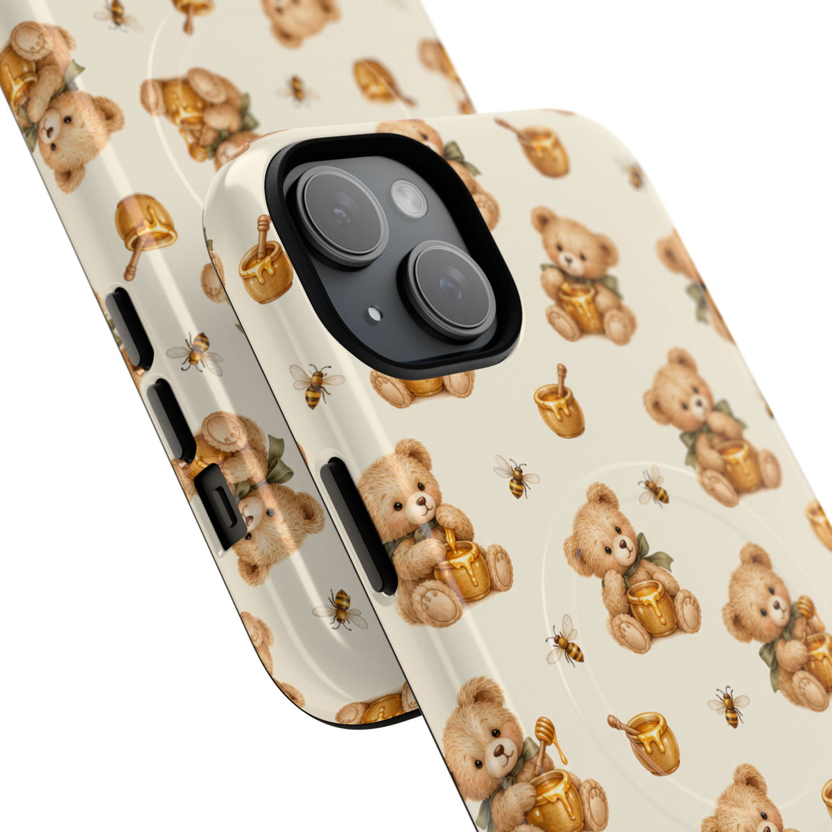 Honingknuffelbeer iPhone-hoesje — ontwerp met gele bij en honingpot met MagSafe