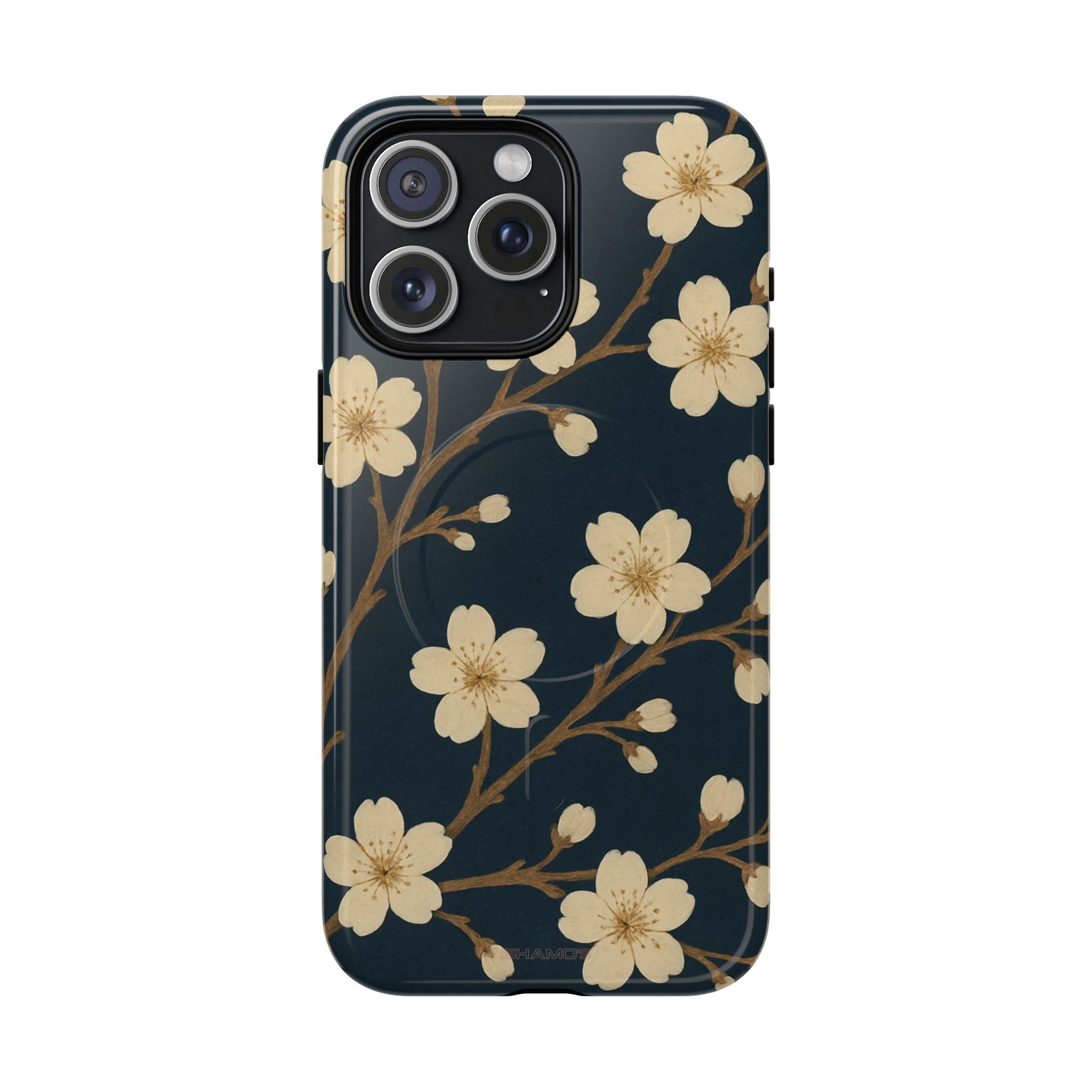 Navy Cherry Blossom Floral iPhone Case - Compatible with MagSafe