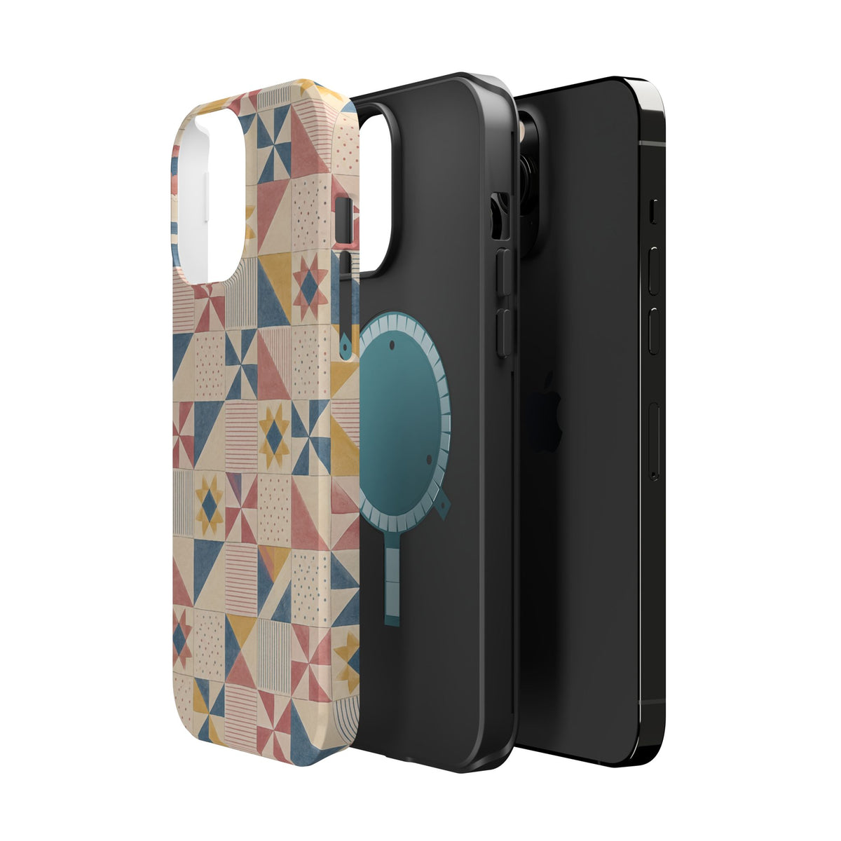 Prairie Quilt – Pastel Patchwork Pattern MagSafe Phone Case, glossy square triple-camera Pro model, exploded shell and liner with magnetic ring