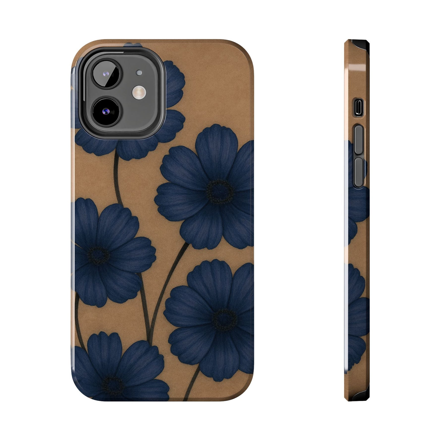Navy Floral Tough iPhone Case — Durable Protective Case with Blue Flowers on Kraft Background  Shamo's iPhone 12