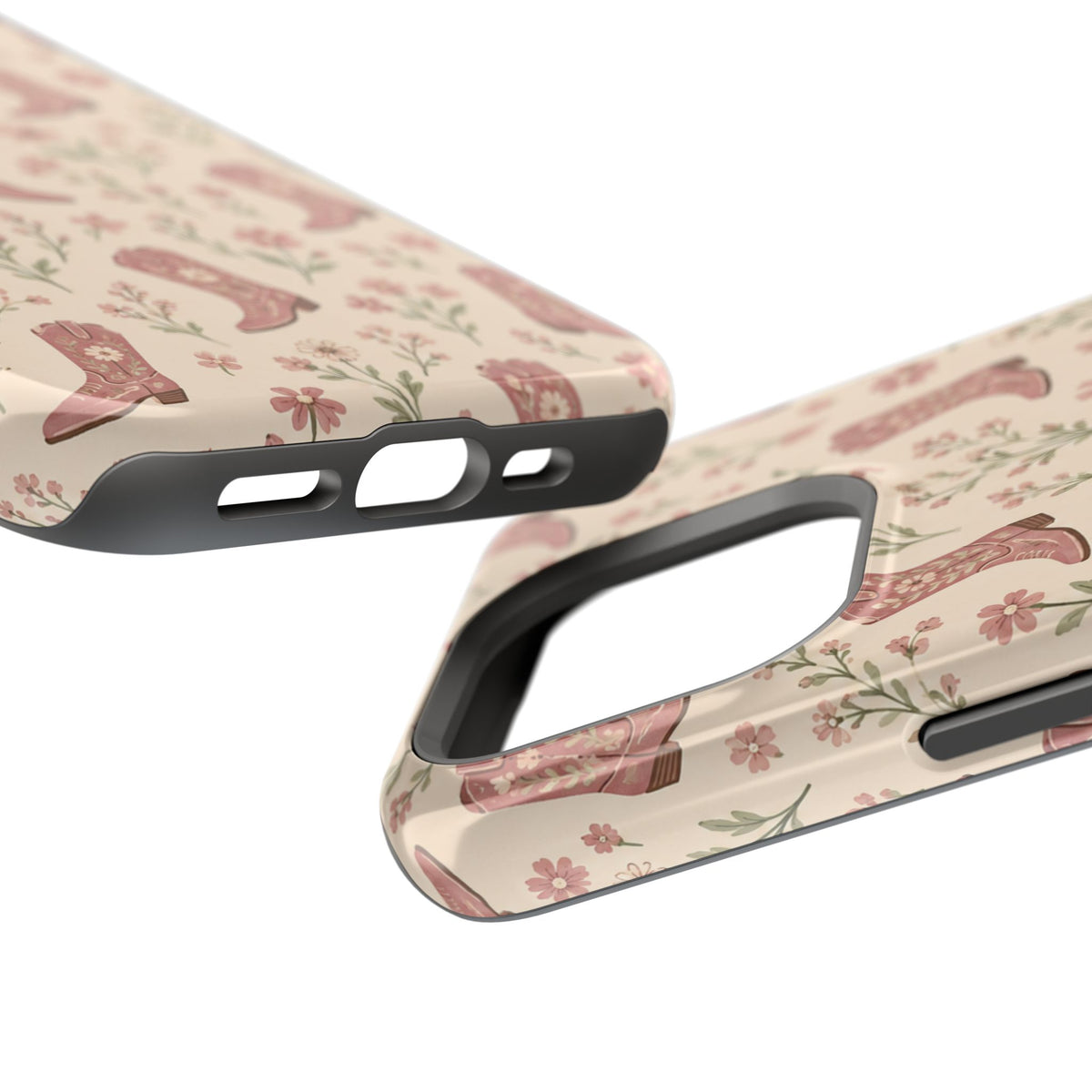Floral Boots MagSafe Phone Case, glossy square triple-camera Pro model, port openings and edge details