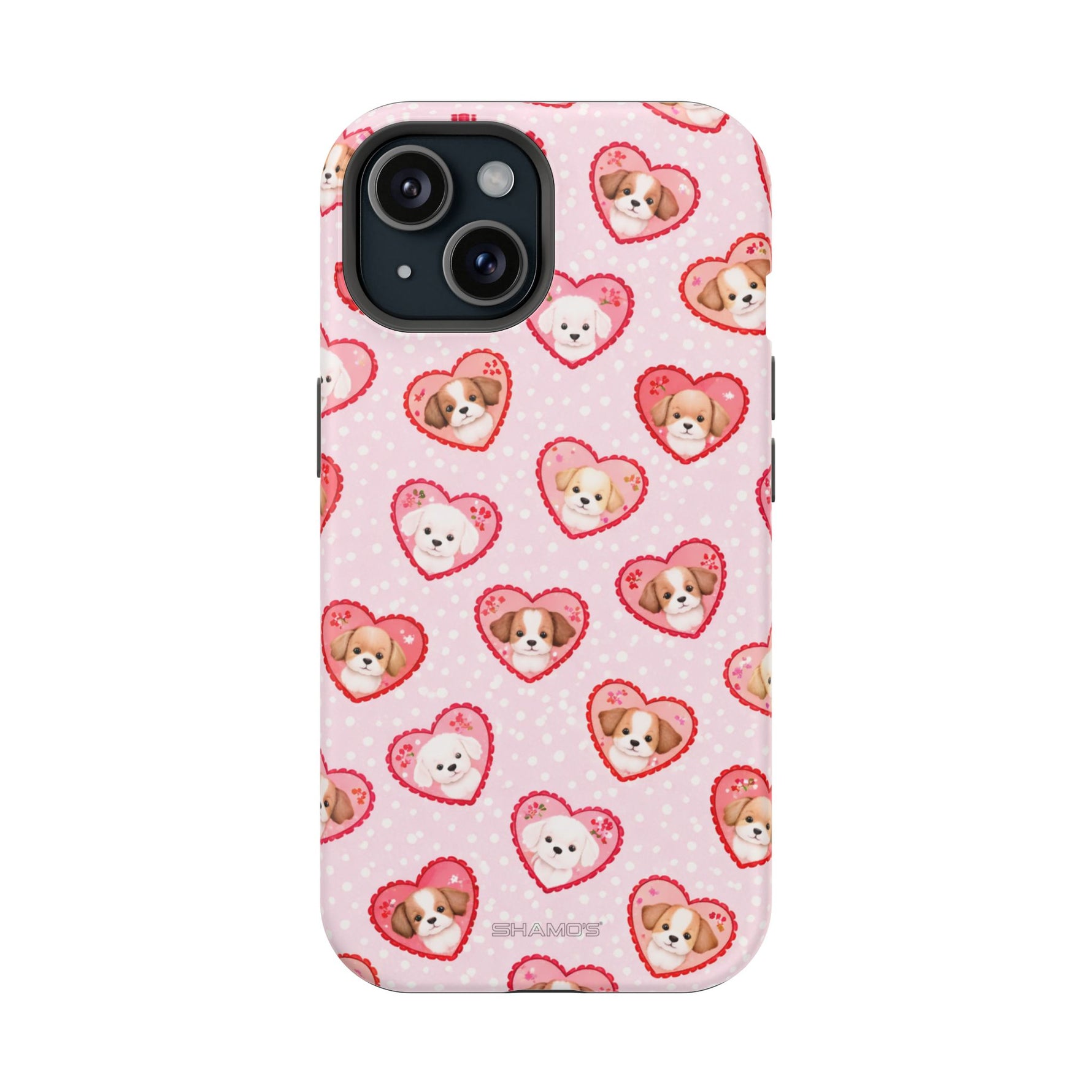 Pink Puppy Heart Pattern MagSafe Impact-Resistant iPhone Case, Valentine Phone Cover