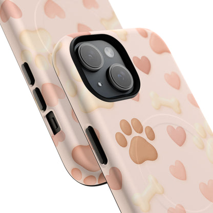 Pet Paw Pattern Phone Case — Pink Puppy Hearts & Bones with MagSafe