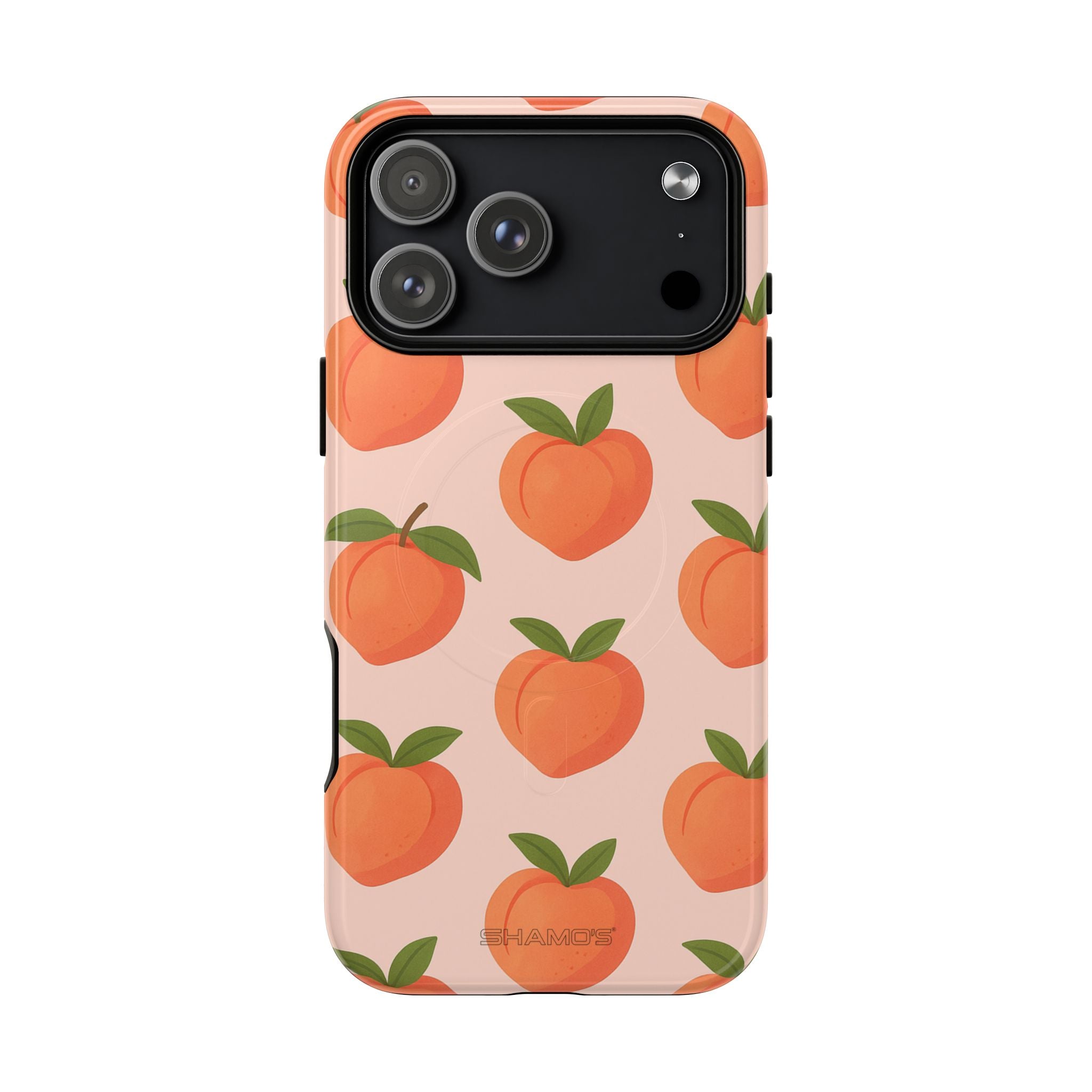 Back view of a phone case with orange peaches and green leaves on pale pink #iphone-17-pro-max
