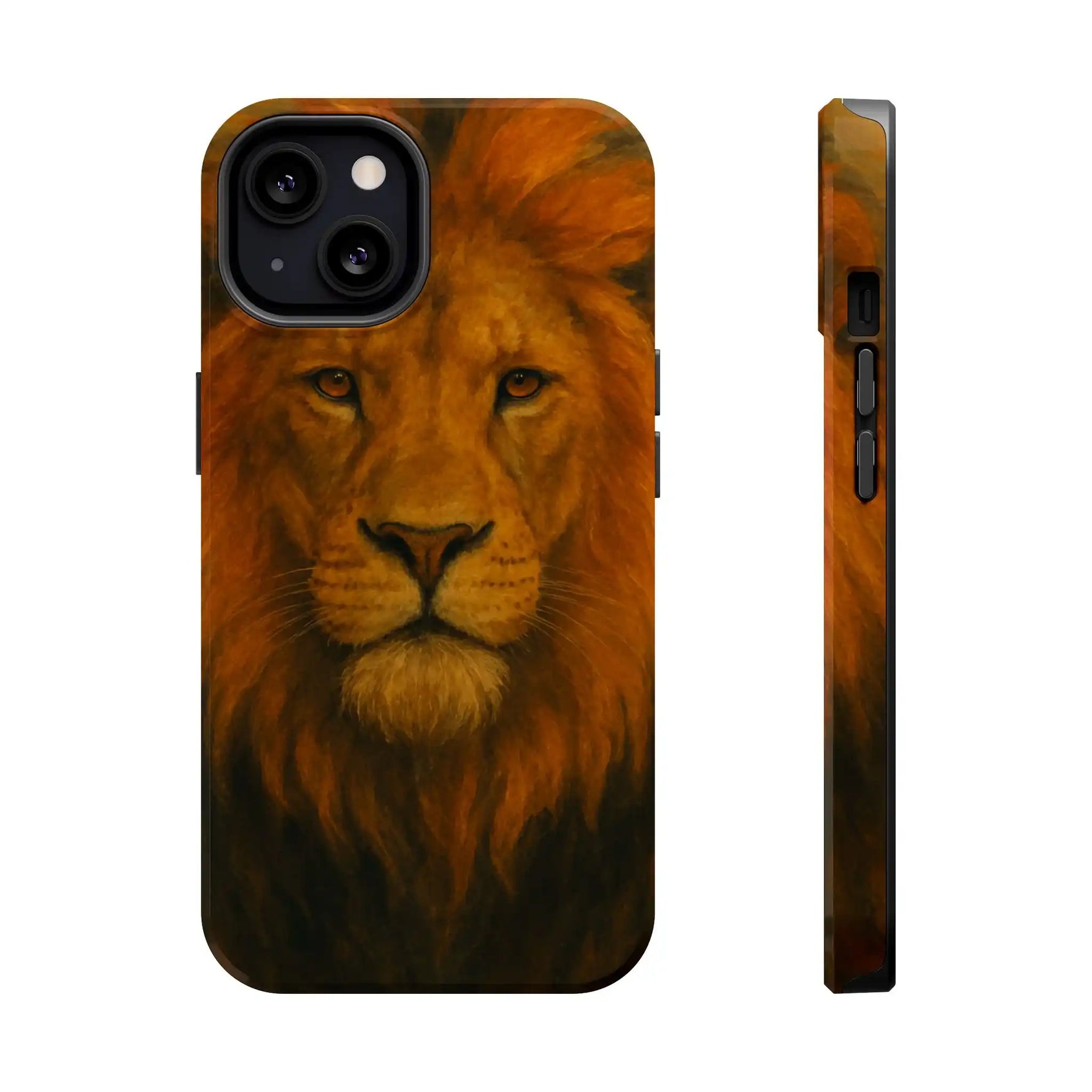 Phone case with detailed lion face design shown in front and side variant sizes
