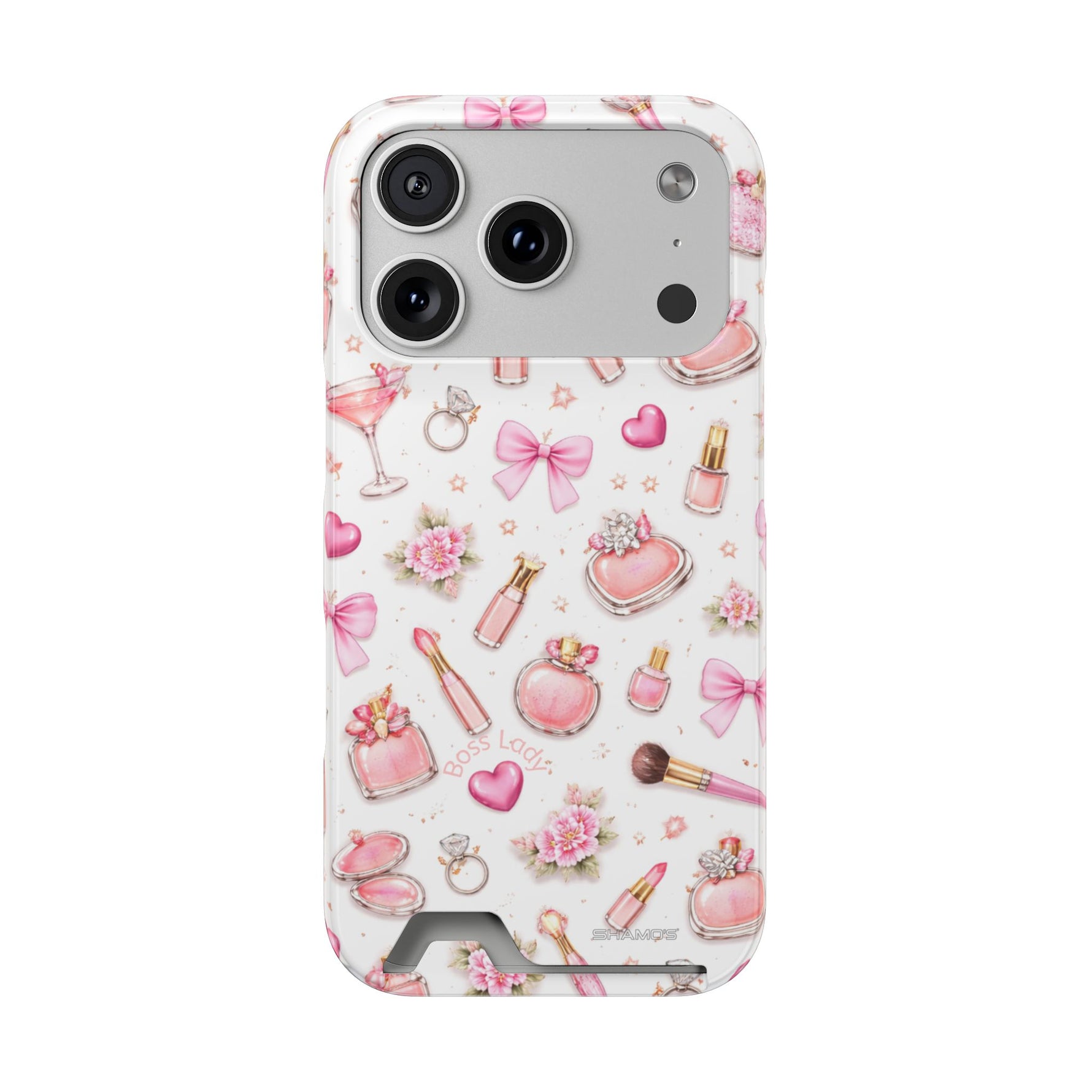 Boss Lady Pink Beauty iPhone Case with Card Slot, Makeup & Perfume Design