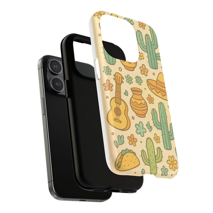 Mexico Hand-Drawn Cactus Pattern iPhone Case – Cute Desert Guitar & Sombrero Design | with MagSafe