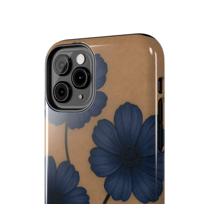 Navy Floral Tough iPhone Case — Durable Protective Case with Blue Flowers on Kraft Background