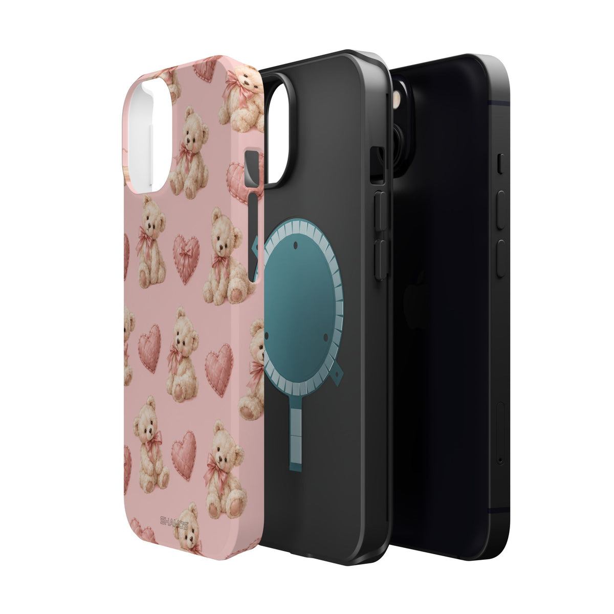 Pink Teddy Hearts Love iPhone Case, Impact-Resistant MagSafe Compatible