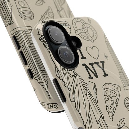NY City Icons Tough iPhone Case — Statue of Liberty, Pizza & Taxi Pattern | Compatible with MagSafe