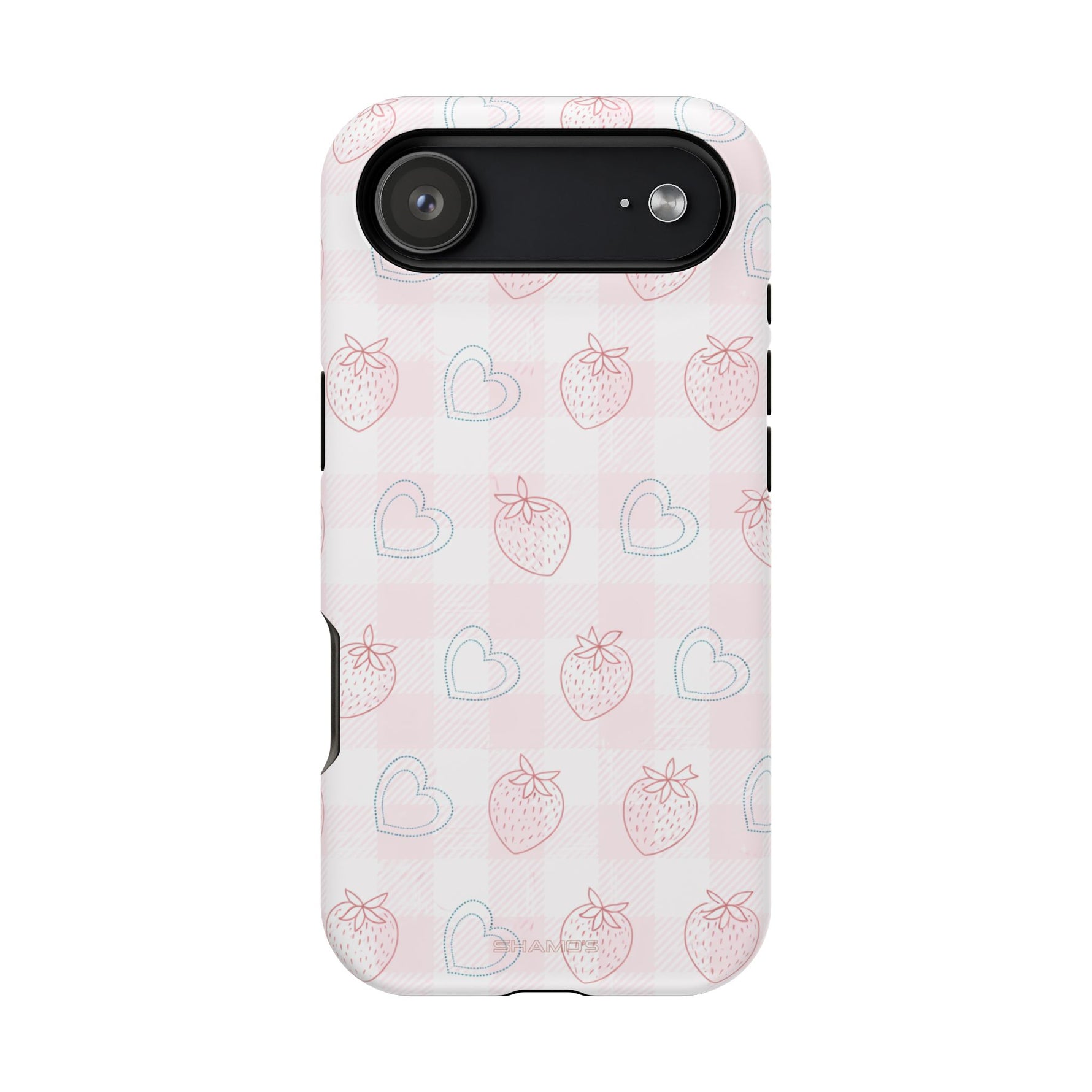 Strawberry Hearts MagSafe Compatible Phone Case | 'Paint it your way' Pink Plaid Impact-Resistant