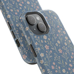 Denim Wildflowers MagSafe Phone Case, glossy diagonal dual-camera model, camera and side-button close-up