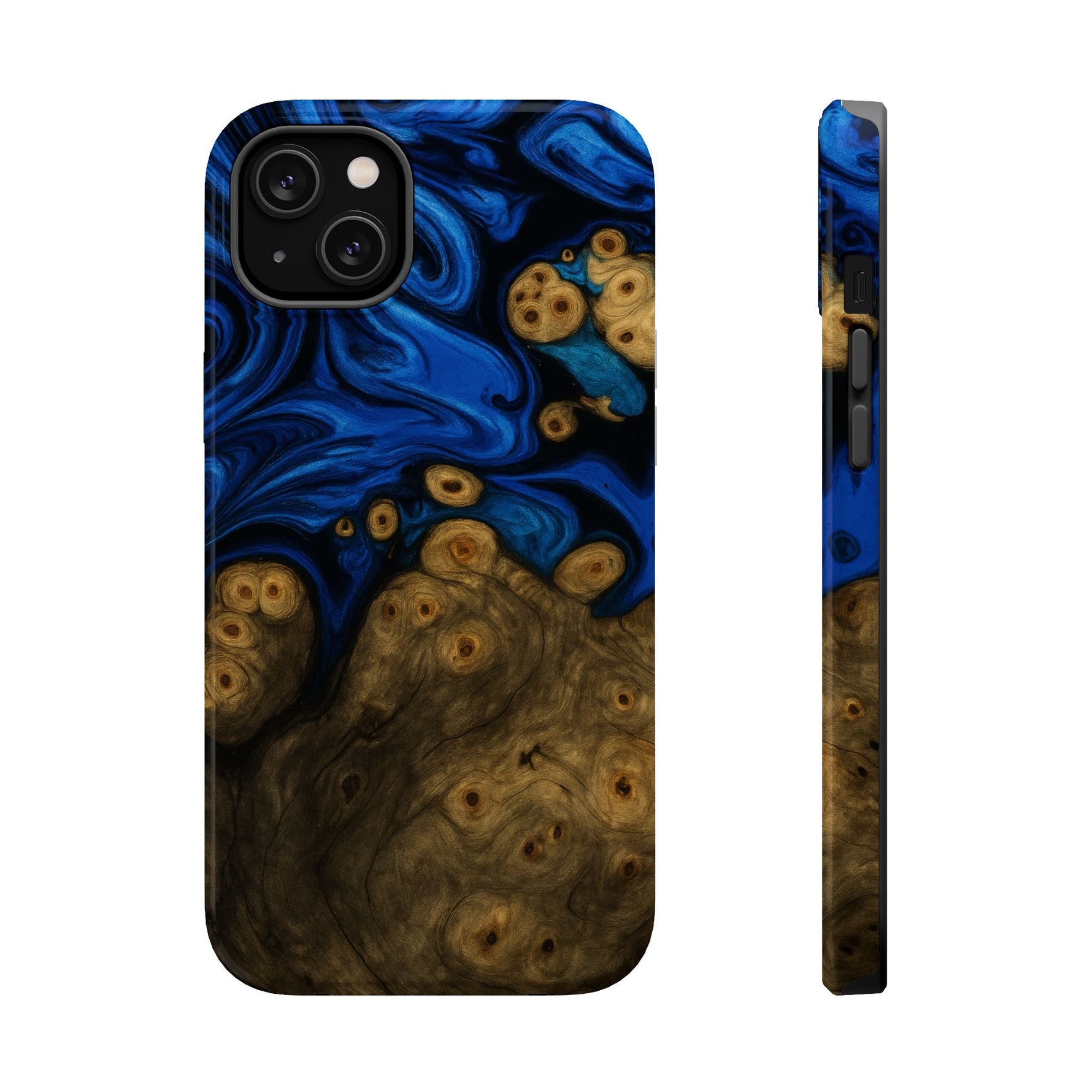 Blue Swirl & Burl Wood Impact iPhone Case | MagSafe compatible  Shamo's iPhone 14 Plus / Glossy