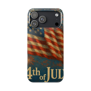 iPhone case with American flag and 4th of July text design, showing camera variant size