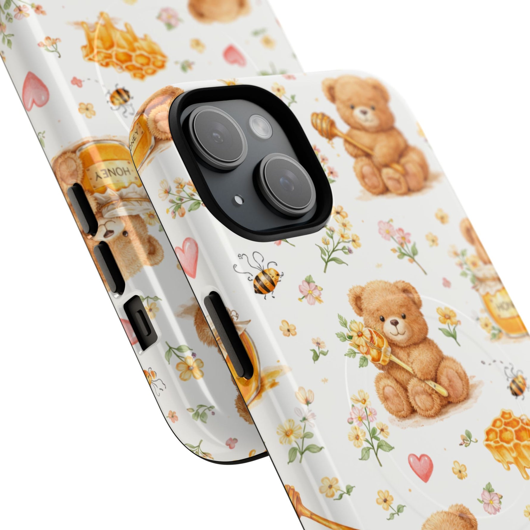 Honey Teddy Bear iPhone Case — Yellow Bee & Honey Pot Design with MagSafe