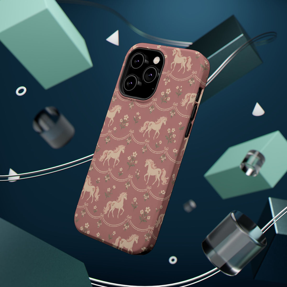 Rose Ponies MagSafe Phone Case, glossy square triple-camera Pro model, rear view with magnetic accessories