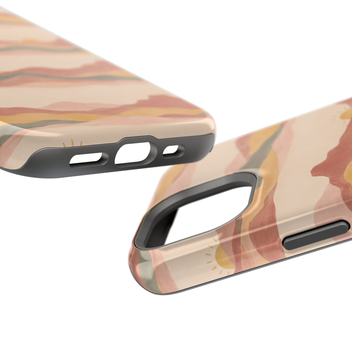 Sunset Trails – Desert Landscape MagSafe Phone Case, glossy diagonal dual-camera model, port openings and edge details