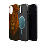 Three smartphone phone cases shown in variant sizes with lion print and black protective designs