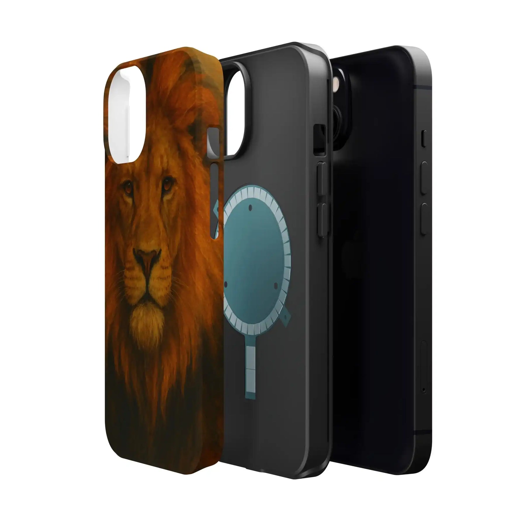 Three smartphone phone cases shown in variant sizes with lion print and black protective designs