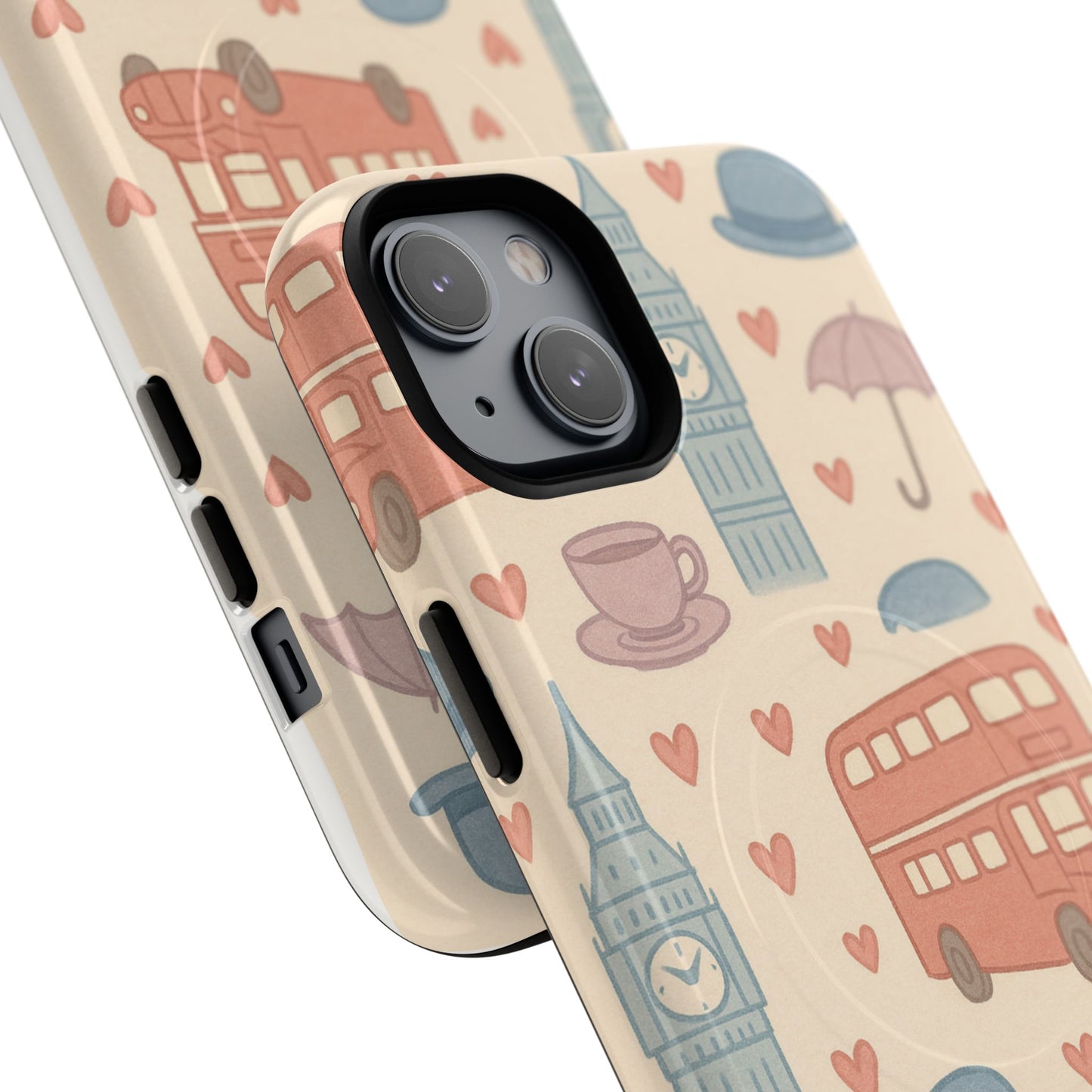 London Icons Hand-Drawn iPhone Case — Cute Double-Decker Bus & Big Ben Pattern with MagSafe compatibility