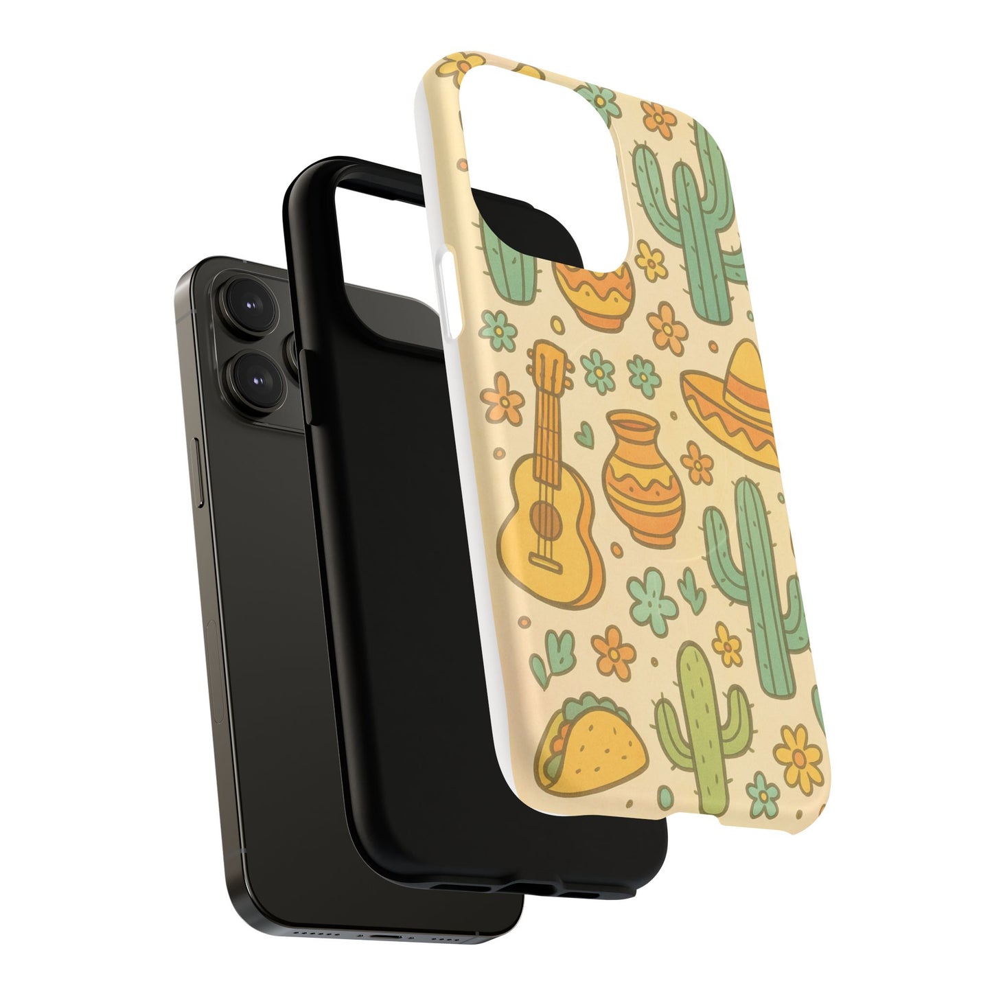 Mexico Hand-Drawn Cactus Pattern iPhone Case – Cute Desert Guitar & Sombrero Design | with MagSafe