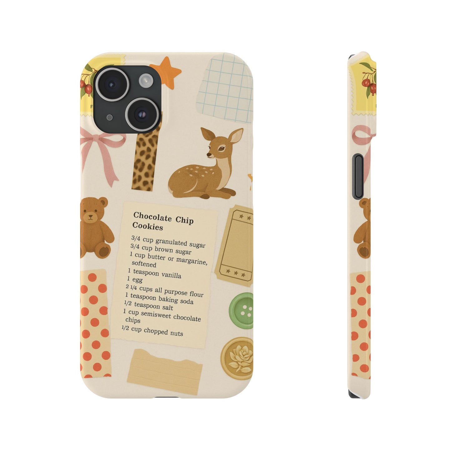 Slim iPhone Case — Cozy Baking & Teddy Pattern (Recipe, Deer, Buttons)