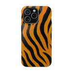 Tiger print iPhone 14 Pro Max case with orange and black stripes, triple camera cutout