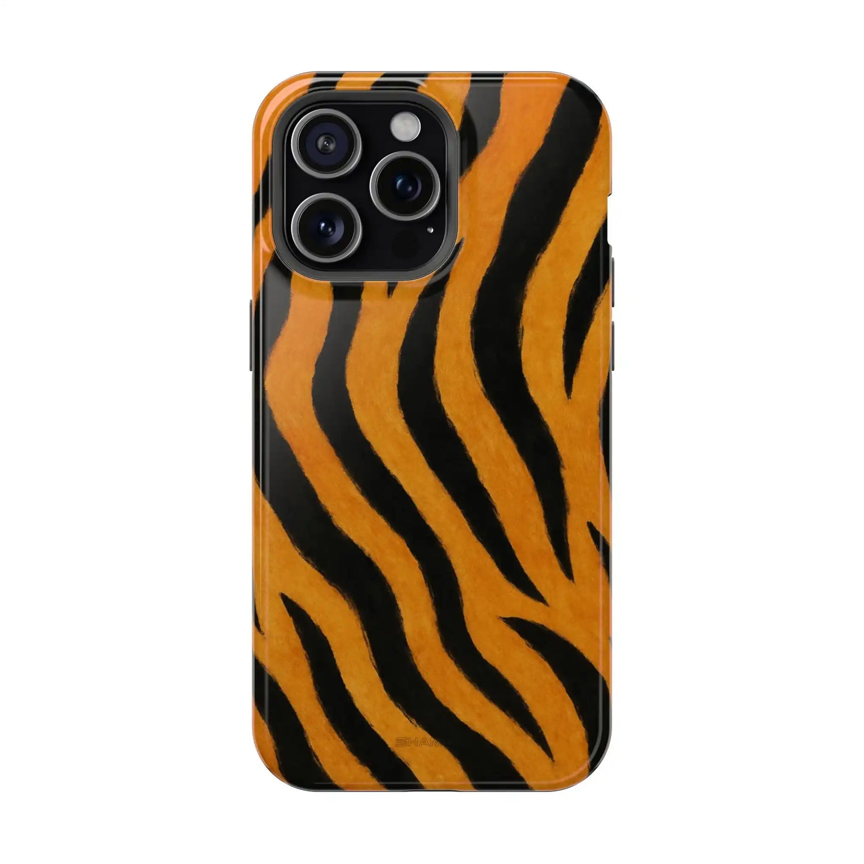 Tiger print iPhone 14 Pro Max case with orange and black stripes, triple camera cutout