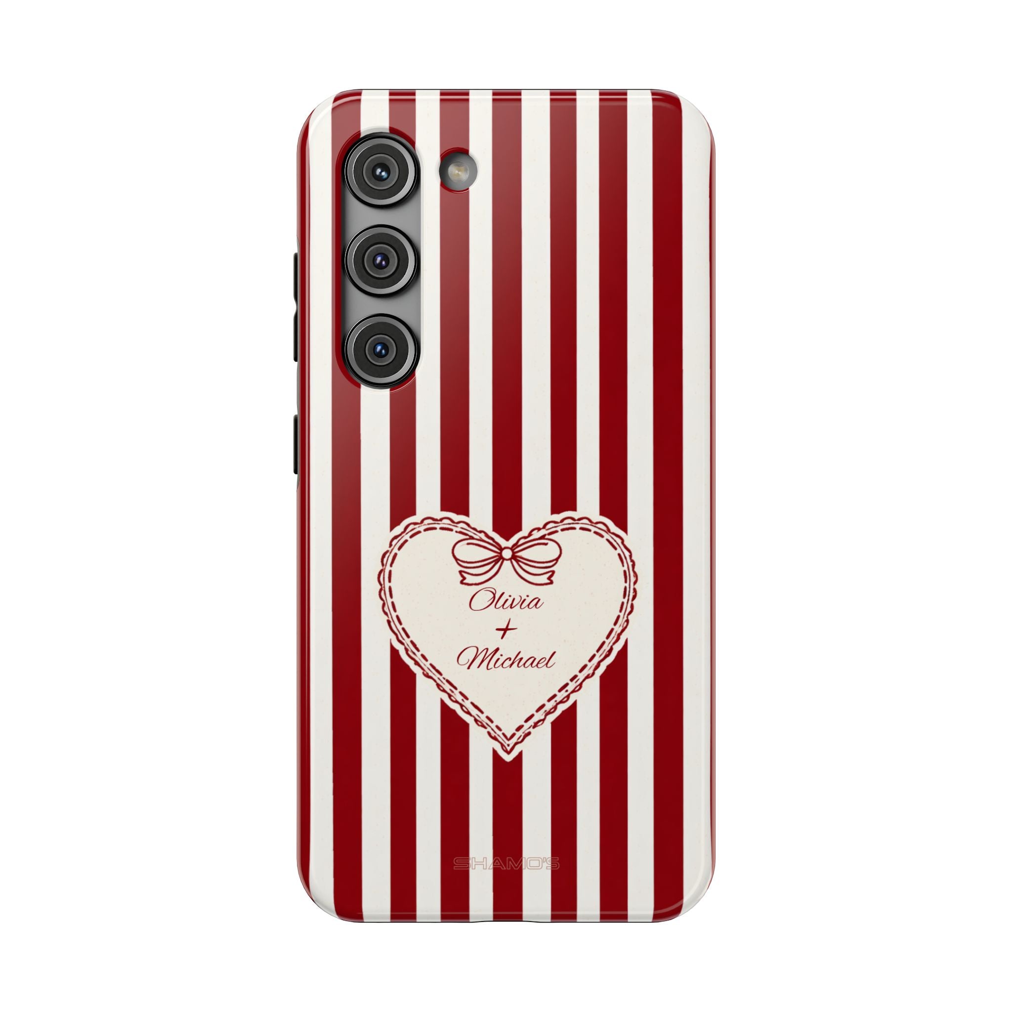 Phone case with red and white vertical stripes and a cream heart with a bow and names