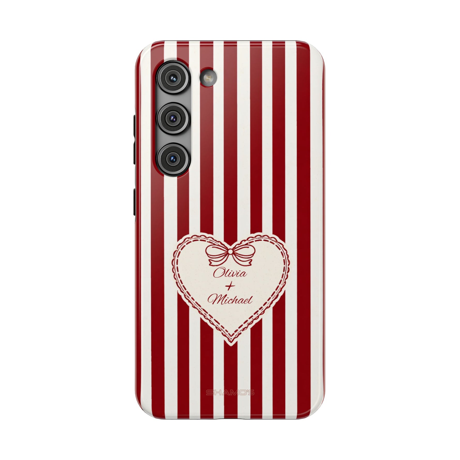 Funda personalizada a rayas — Diseño de corazón rojo y blanco (nombres personalizados)