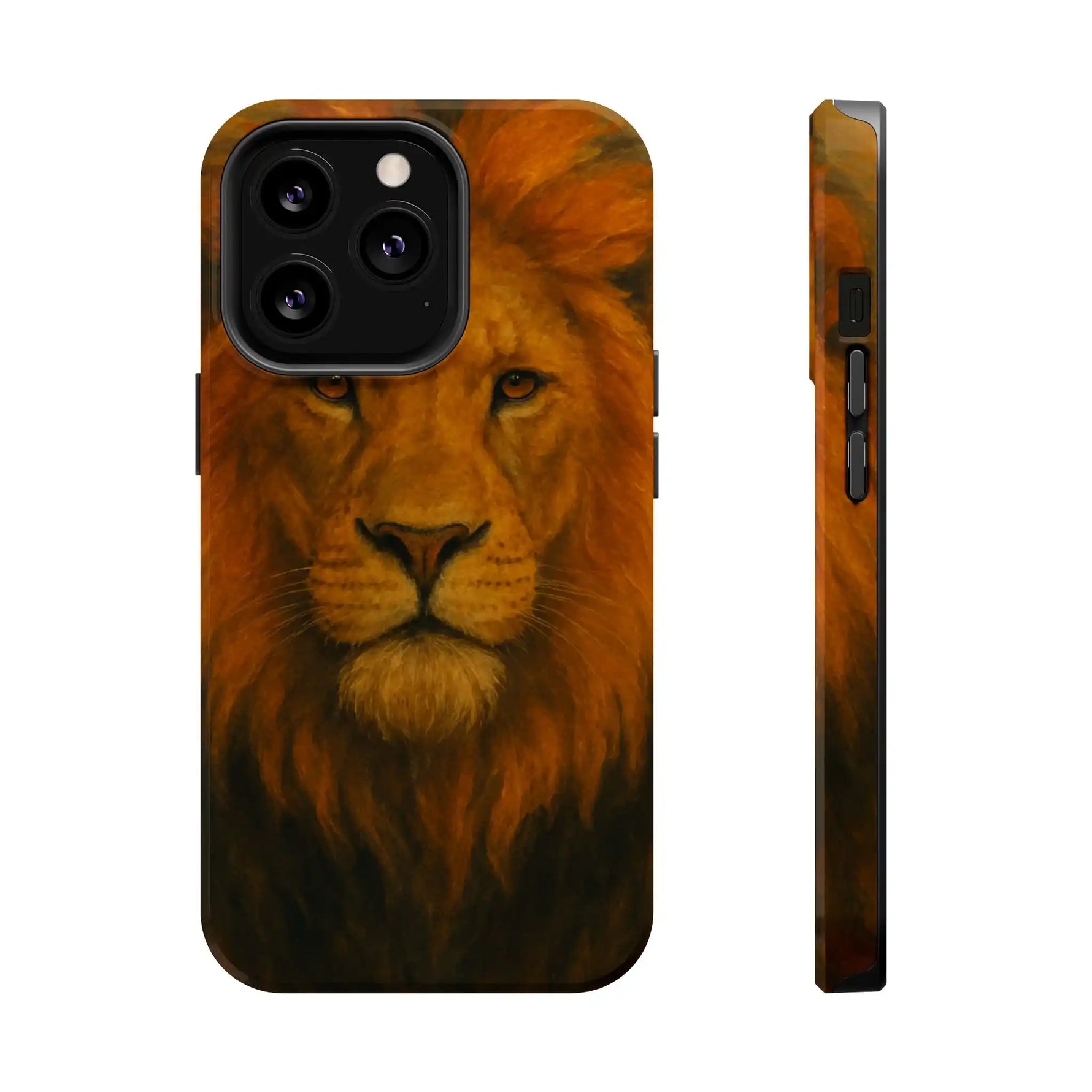 iPhone case with detailed lion face design, shown front and side variant size views