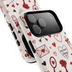 Romantic Love Doodle Tough iPhone Case ("LOVE", hearts, roses) (MagSafe compatible)  Shamo's