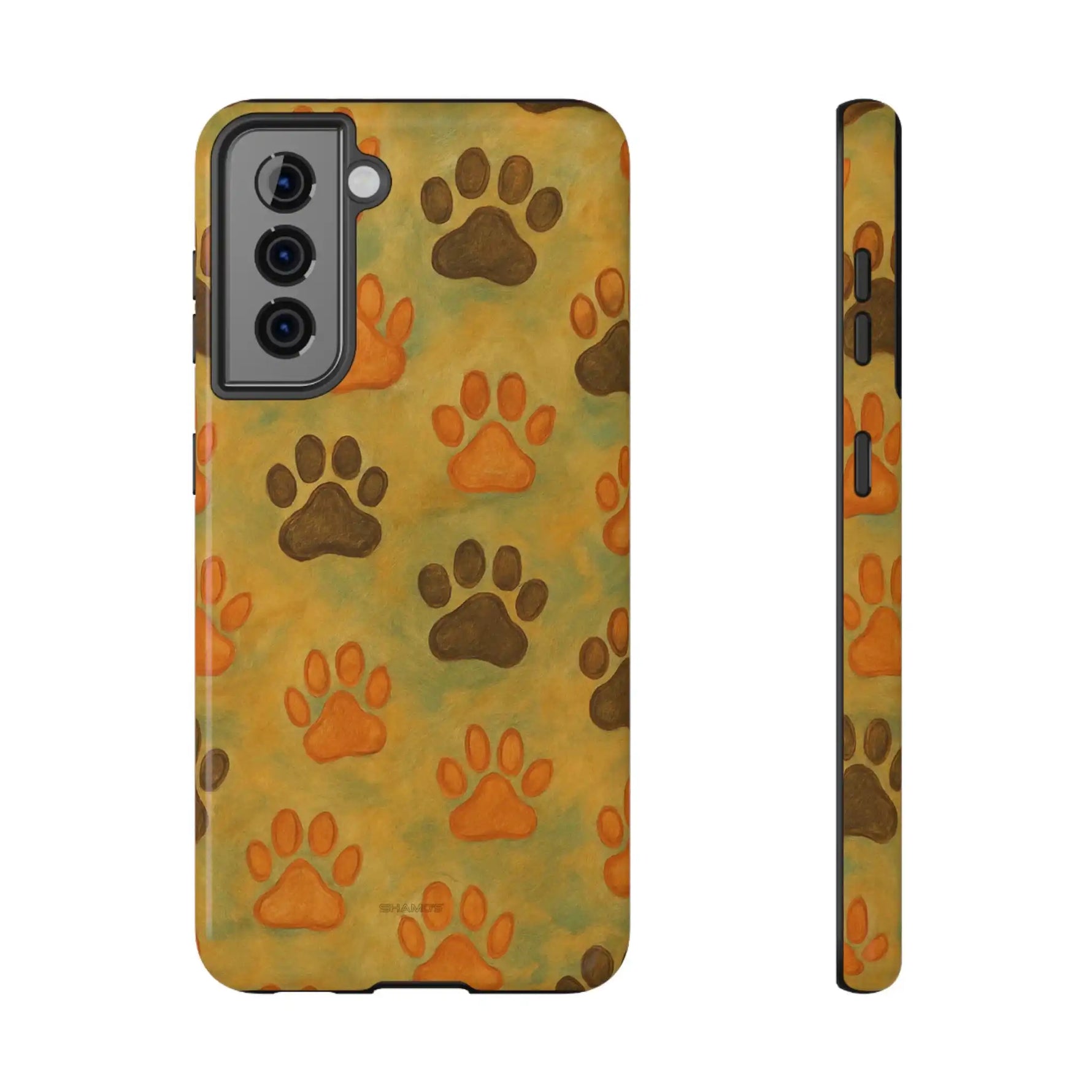 Smartphone case with brown and orange paw print pattern shown from front and side variant size