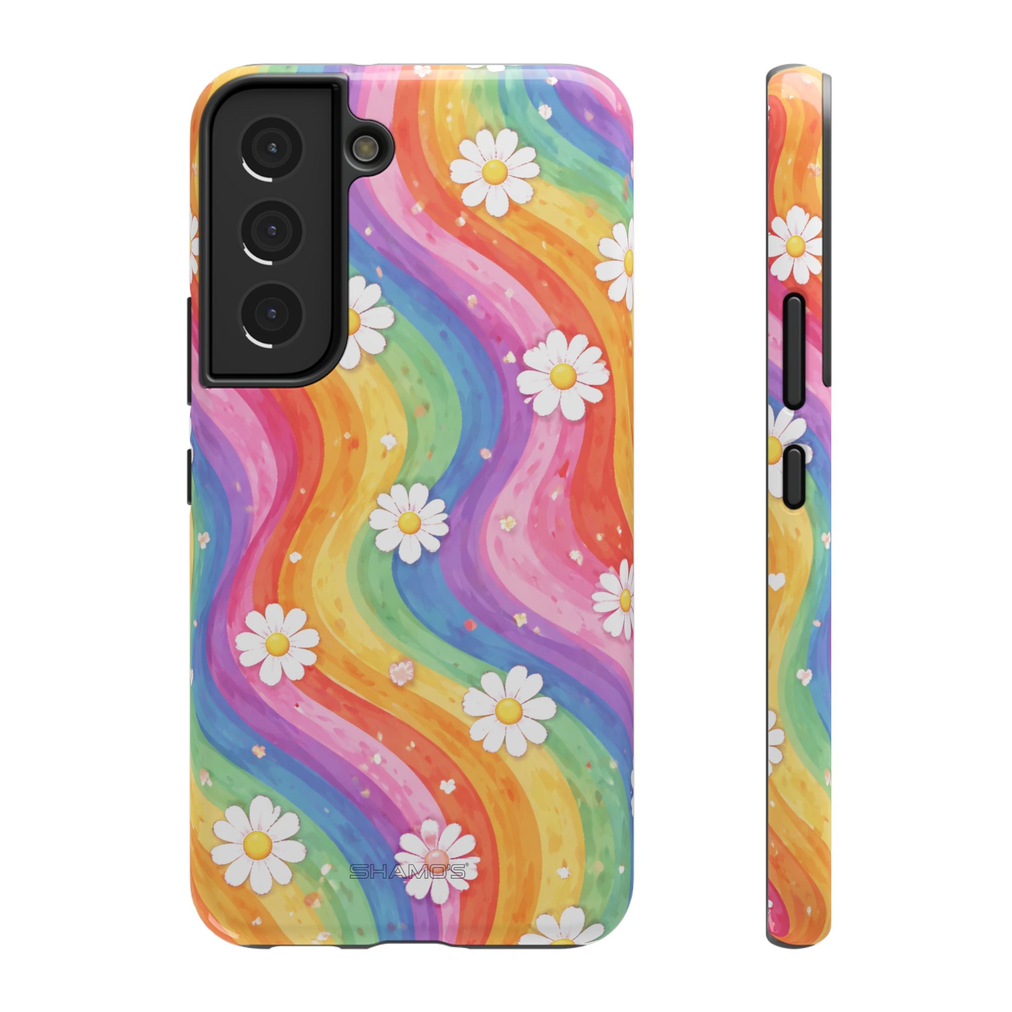 Phone case with flowing rainbow-colored stripes and small white daisies