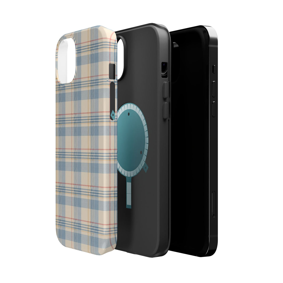 Ranch Check – Blue and Cream Plaid MagSafe Phone Case, glossy diagonal dual-camera model, exploded shell and liner with magnetic ring