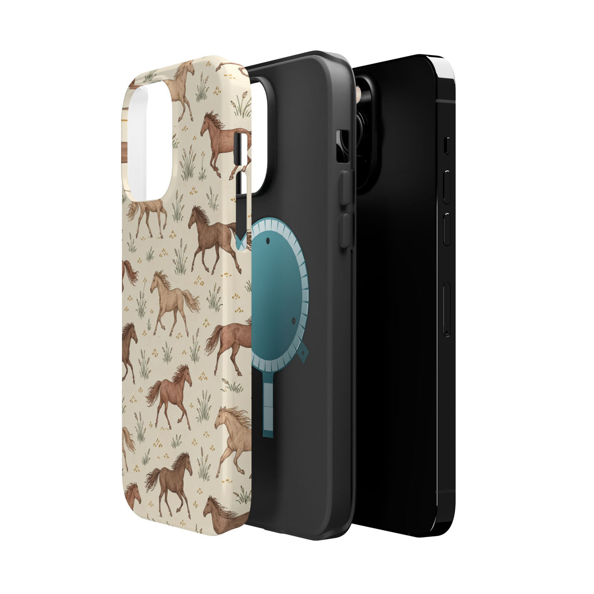 Wild Mustangs – Western Horse Pattern MagSafe Phone Case, glossy square triple-camera Pro model, exploded shell and liner with magnetic ring