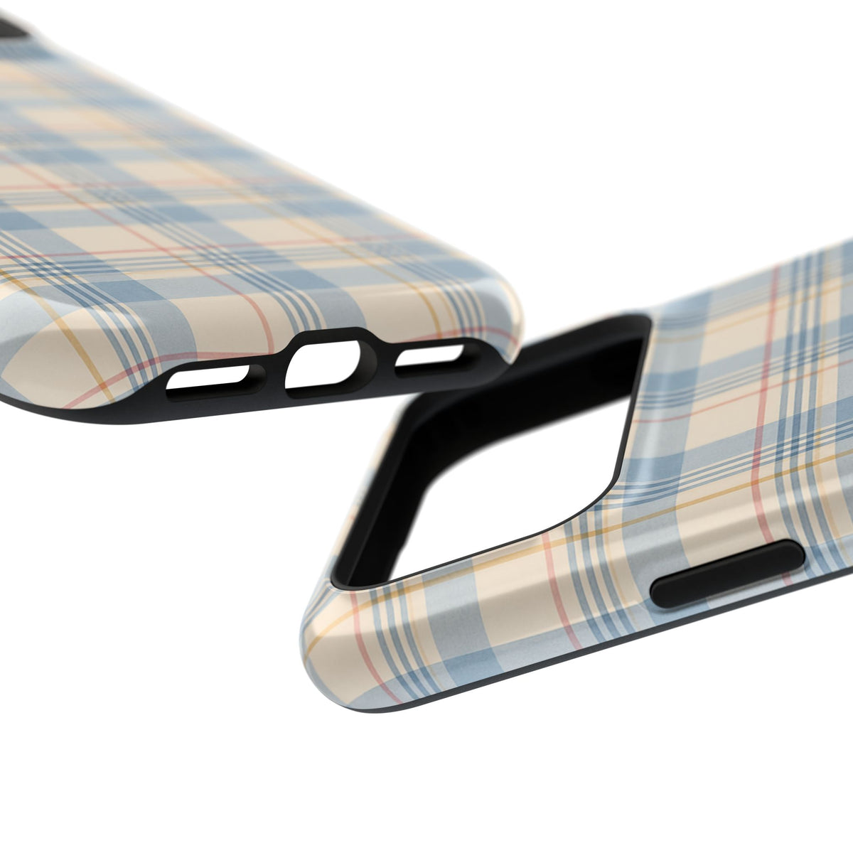 Ranch Check – Blue and Cream Plaid MagSafe Phone Case, glossy wide-camera Pro Max model, port openings and edge details