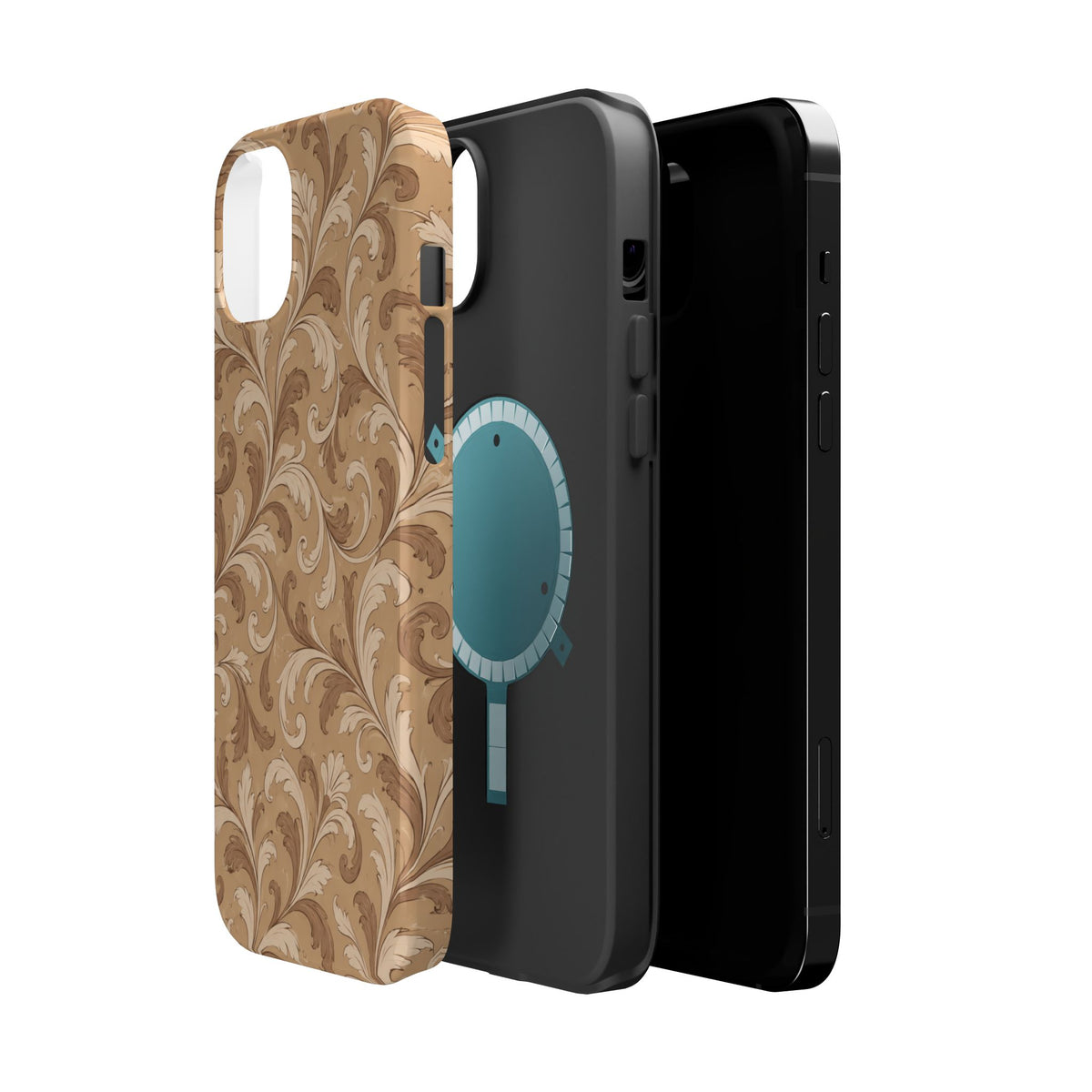 Saddle Scrolls – Tan Western Scrollwork MagSafe Phone Case, glossy diagonal dual-camera model, exploded shell and liner with magnetic ring