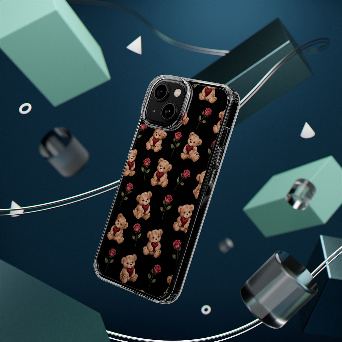 Romantic Teddy Bear Impact-Resistant Phone Case with Heart Design