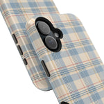 Ranch Check – Blue and Cream Plaid MagSafe Phone Case, glossy vertical dual-camera model, camera and side-button close-up