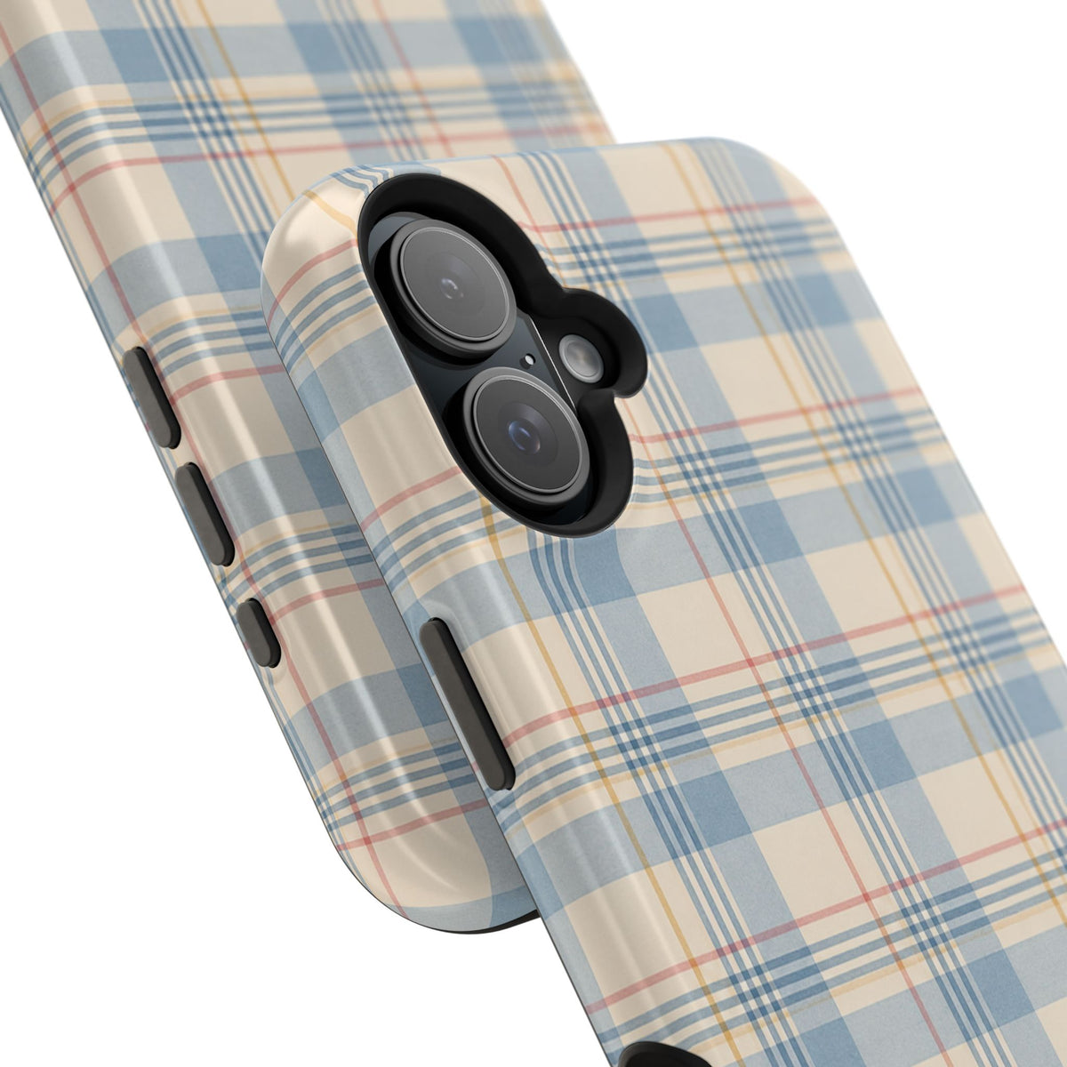 Ranch Check – Blue and Cream Plaid MagSafe Phone Case, glossy vertical dual-camera model, camera and side-button close-up